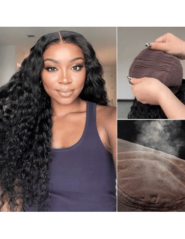 Confort Aéré Perruque Curly Water Wave Sans Colle avec Tulle Pré-découpé 5x5 – Soin du Cuir Chevelu les muscles